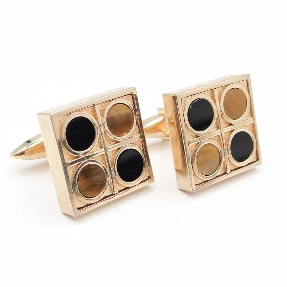 Vintage Swank Tiger Eye Black Onyx Cufflinks Square Checkerboard Geometric MCM